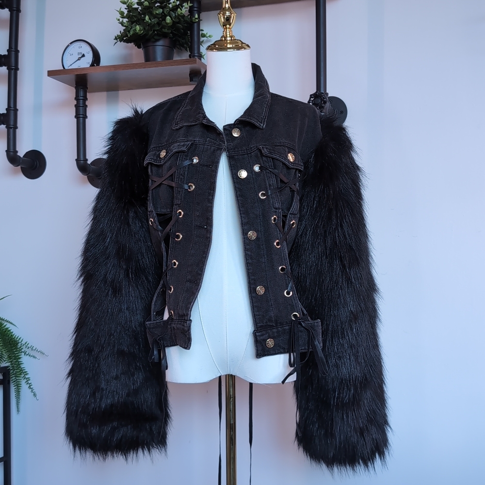 Dramatic Azalea Wang "Midnight" Faux Fur Denim Jacket in Black.